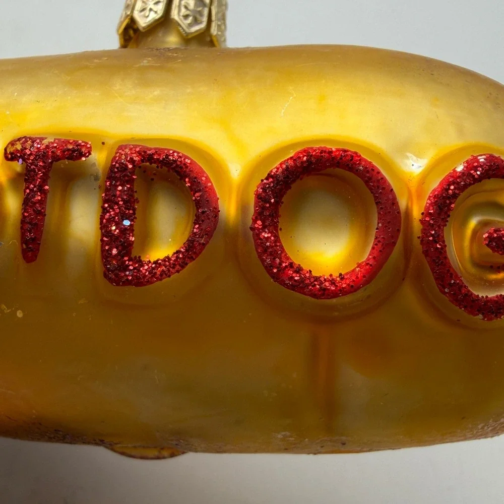 Vintage Hot Dog Glass Christmas Ornament with Ketchup Bottle Charm Red Gold